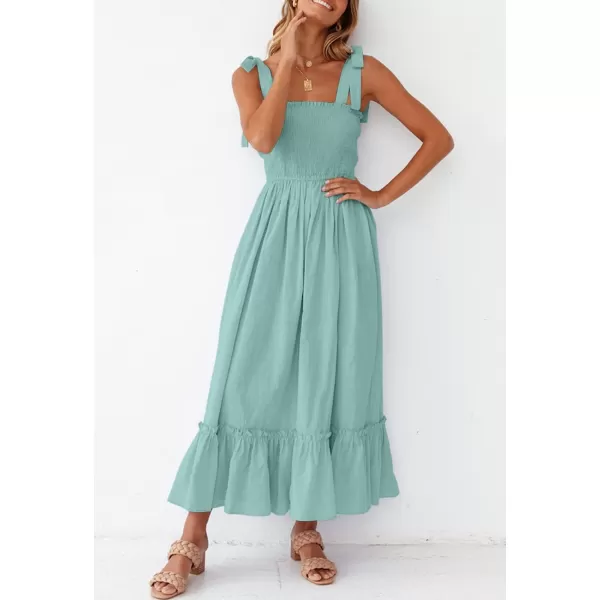 imageZESICA Womens 2023 Summer Boho Spaghetti Strap Square Neck Solid Color Ruffle A Line Beach Long Maxi DressSage