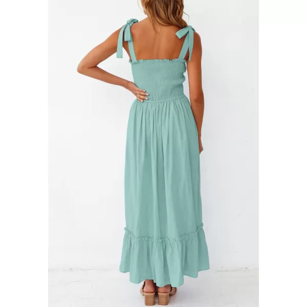 imageZESICA Womens 2023 Summer Boho Spaghetti Strap Square Neck Solid Color Ruffle A Line Beach Long Maxi DressSage