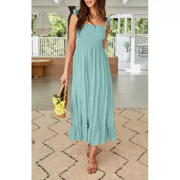 imageZESICA Womens 2023 Summer Boho Spaghetti Strap Square Neck Solid Color Ruffle A Line Beach Long Maxi DressSage