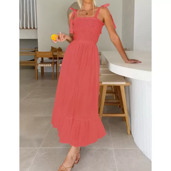 imageZESICA Womens 2023 Summer Boho Spaghetti Strap Square Neck Solid Color Ruffle A Line Beach Long Maxi DressWatermelon