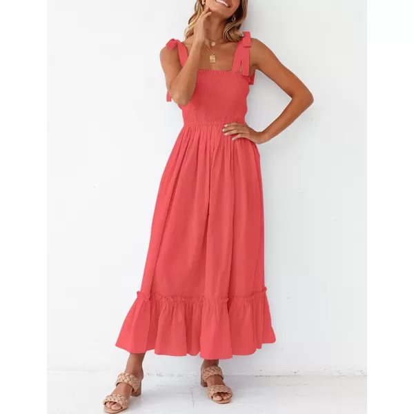 imageZESICA Womens 2023 Summer Boho Spaghetti Strap Square Neck Solid Color Ruffle A Line Beach Long Maxi DressWatermelon
