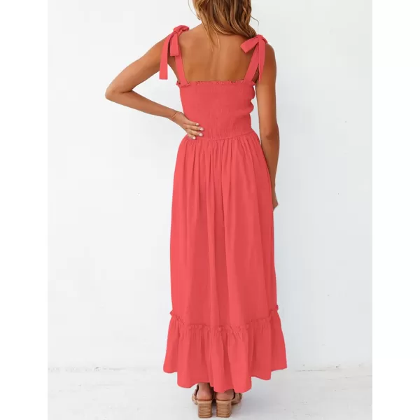 imageZESICA Womens 2023 Summer Boho Spaghetti Strap Square Neck Solid Color Ruffle A Line Beach Long Maxi DressWatermelon