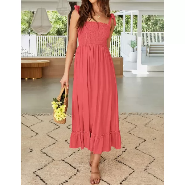imageZESICA Womens 2023 Summer Boho Spaghetti Strap Square Neck Solid Color Ruffle A Line Beach Long Maxi DressWatermelon
