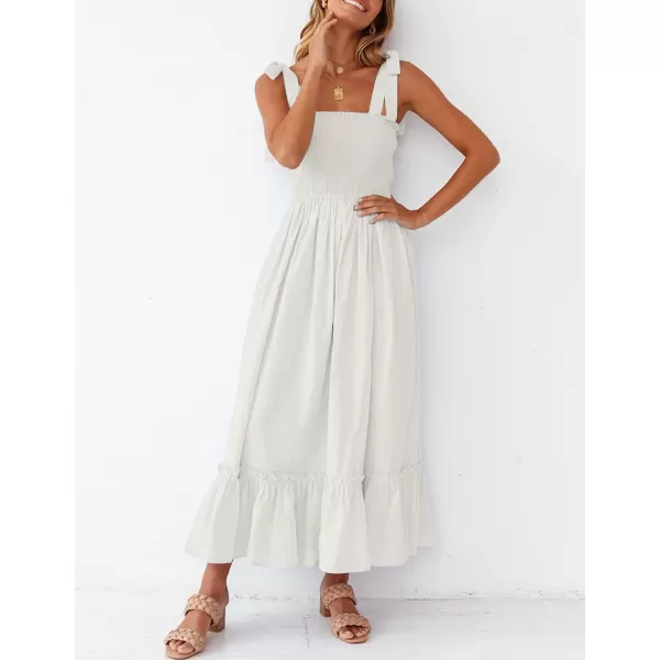 imageZESICA Womens 2023 Summer Boho Spaghetti Strap Square Neck Solid Color Ruffle A Line Beach Long Maxi DressWhite