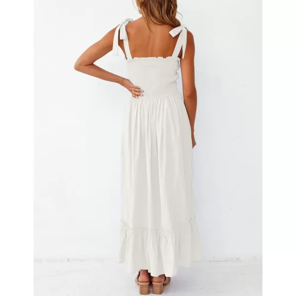 imageZESICA Womens 2023 Summer Boho Spaghetti Strap Square Neck Solid Color Ruffle A Line Beach Long Maxi DressWhite