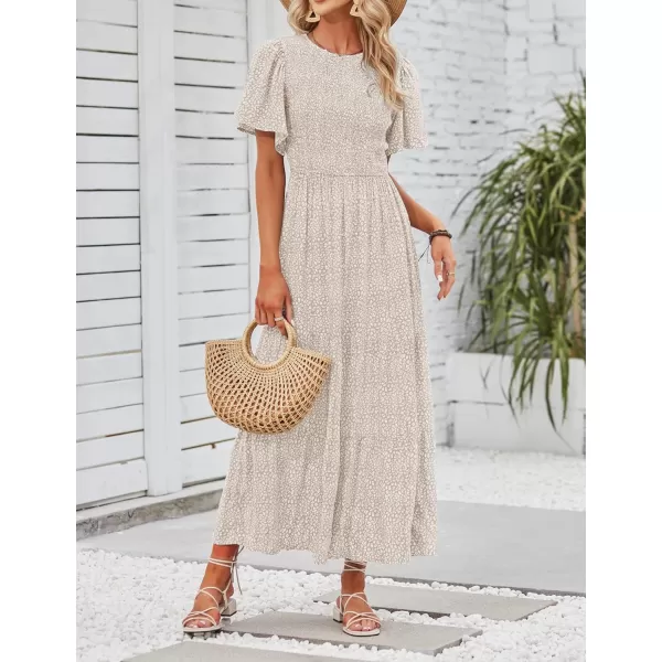 imageZESICA Womens 2023 Summer Casual Floral Print Short Flutter Sleeve Crew Neck Smocked High Waist Flowy Maxi DressBeige