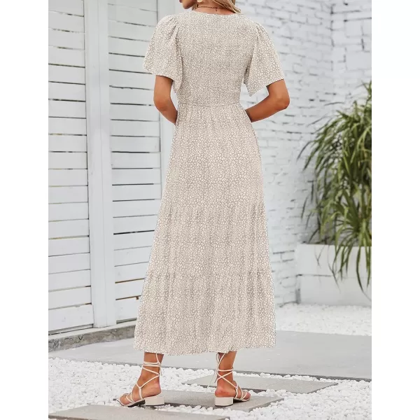 imageZESICA Womens 2023 Summer Casual Floral Print Short Flutter Sleeve Crew Neck Smocked High Waist Flowy Maxi DressBeige