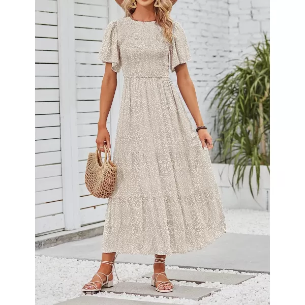 imageZESICA Womens 2023 Summer Casual Floral Print Short Flutter Sleeve Crew Neck Smocked High Waist Flowy Maxi DressBeige