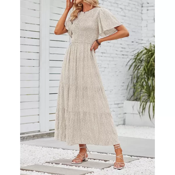 imageZESICA Womens 2023 Summer Casual Floral Print Short Flutter Sleeve Crew Neck Smocked High Waist Flowy Maxi DressBeige