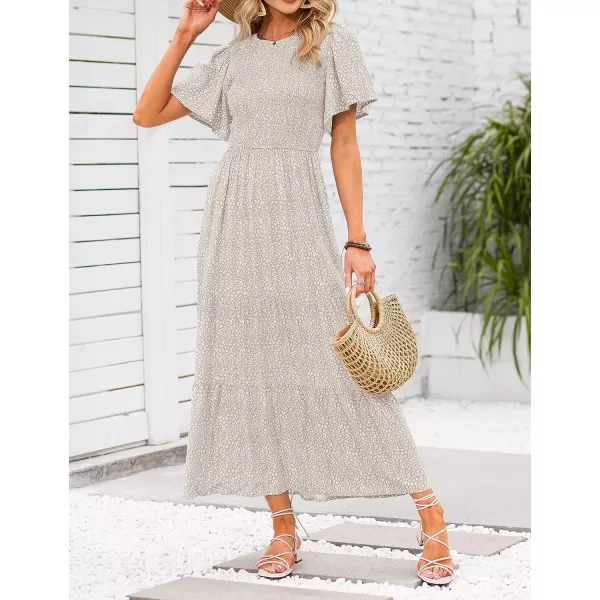 imageZESICA Womens 2023 Summer Casual Floral Print Short Flutter Sleeve Crew Neck Smocked High Waist Flowy Maxi DressBeige
