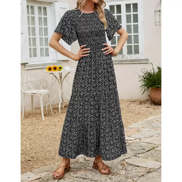 imageZESICA Womens 2023 Summer Casual Floral Print Short Flutter Sleeve Crew Neck Smocked High Waist Flowy Maxi DressBlack