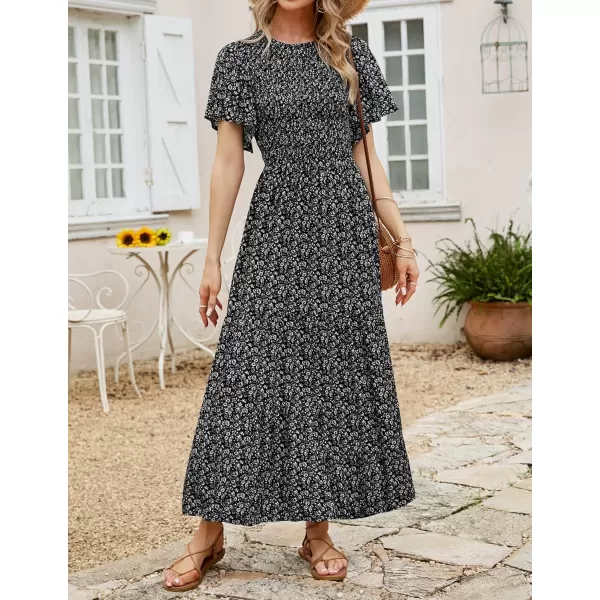 imageZESICA Womens 2023 Summer Casual Floral Print Short Flutter Sleeve Crew Neck Smocked High Waist Flowy Maxi DressBlack