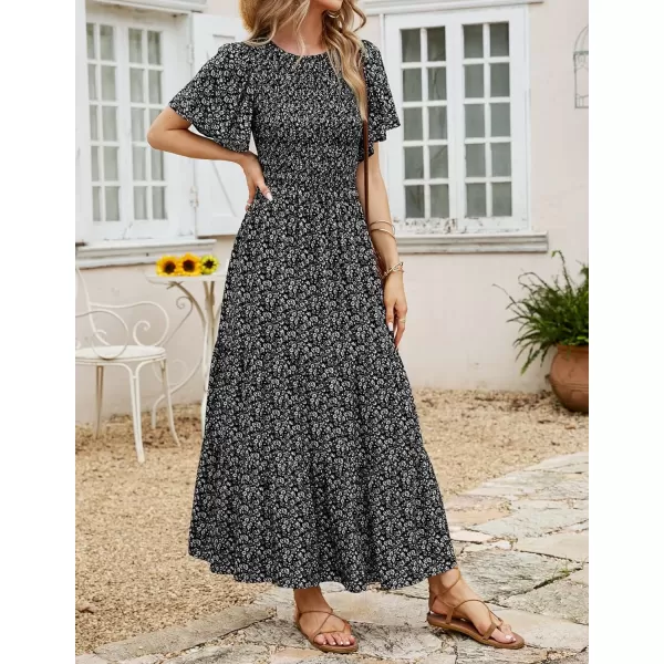 imageZESICA Womens 2023 Summer Casual Floral Print Short Flutter Sleeve Crew Neck Smocked High Waist Flowy Maxi DressBlack