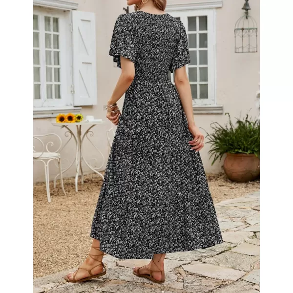 imageZESICA Womens 2023 Summer Casual Floral Print Short Flutter Sleeve Crew Neck Smocked High Waist Flowy Maxi DressBlack