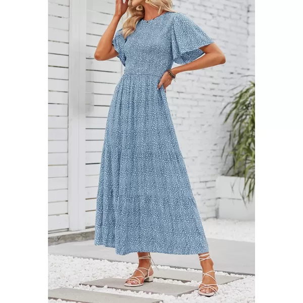imageZESICA Womens 2023 Summer Casual Floral Print Short Flutter Sleeve Crew Neck Smocked High Waist Flowy Maxi DressBlue
