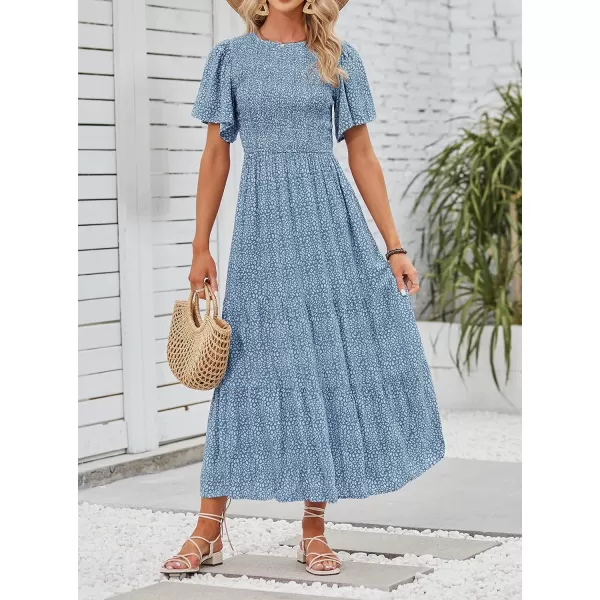 imageZESICA Womens 2023 Summer Casual Floral Print Short Flutter Sleeve Crew Neck Smocked High Waist Flowy Maxi DressBlue