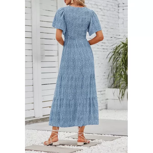 imageZESICA Womens 2023 Summer Casual Floral Print Short Flutter Sleeve Crew Neck Smocked High Waist Flowy Maxi DressBlue