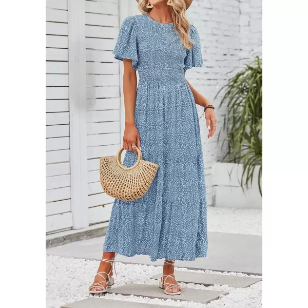 imageZESICA Womens 2023 Summer Casual Floral Print Short Flutter Sleeve Crew Neck Smocked High Waist Flowy Maxi DressBlue