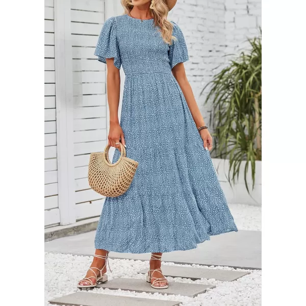 imageZESICA Womens 2023 Summer Casual Floral Print Short Flutter Sleeve Crew Neck Smocked High Waist Flowy Maxi DressBlue