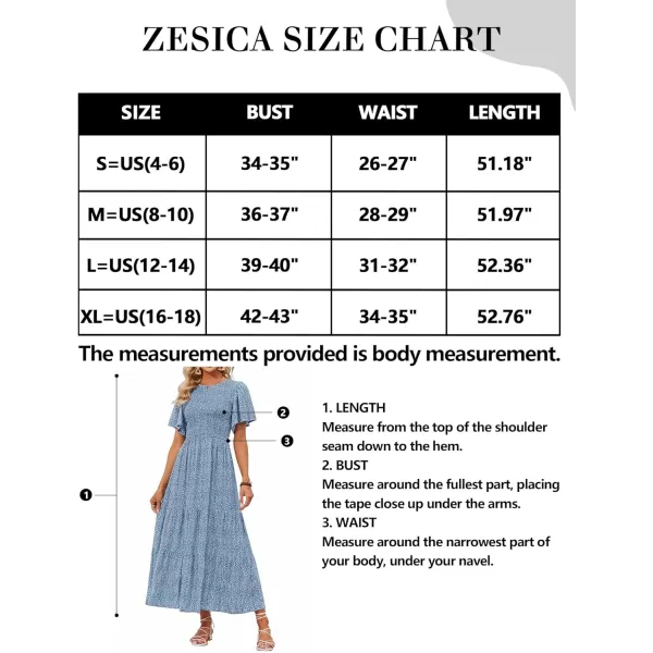 imageZESICA Womens 2023 Summer Casual Floral Print Short Flutter Sleeve Crew Neck Smocked High Waist Flowy Maxi DressBlue