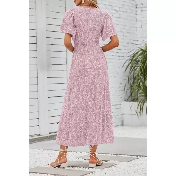 imageZESICA Womens 2023 Summer Casual Floral Print Short Flutter Sleeve Crew Neck Smocked High Waist Flowy Maxi DressDarkpink