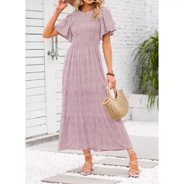 imageZESICA Womens 2023 Summer Casual Floral Print Short Flutter Sleeve Crew Neck Smocked High Waist Flowy Maxi DressDarkpink