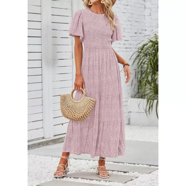 imageZESICA Womens 2023 Summer Casual Floral Print Short Flutter Sleeve Crew Neck Smocked High Waist Flowy Maxi DressDarkpink