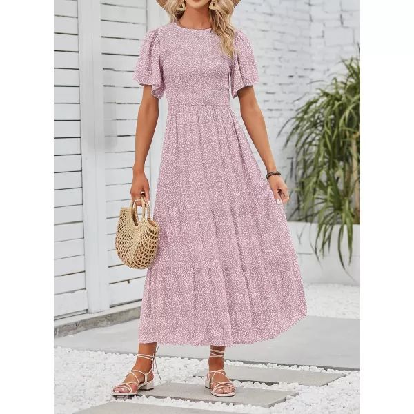 imageZESICA Womens 2023 Summer Casual Floral Print Short Flutter Sleeve Crew Neck Smocked High Waist Flowy Maxi DressDarkpink