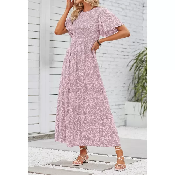 imageZESICA Womens 2023 Summer Casual Floral Print Short Flutter Sleeve Crew Neck Smocked High Waist Flowy Maxi DressDarkpink
