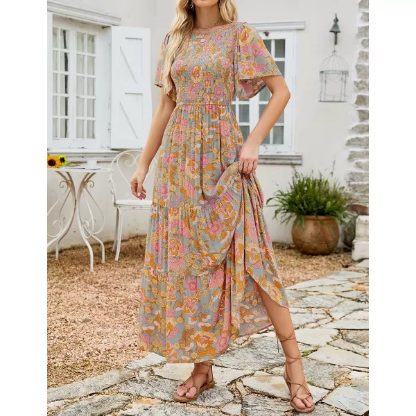 imageZESICA Womens 2023 Summer Casual Floral Print Short Flutter Sleeve Crew Neck Smocked High Waist Flowy Maxi DressGreygreen