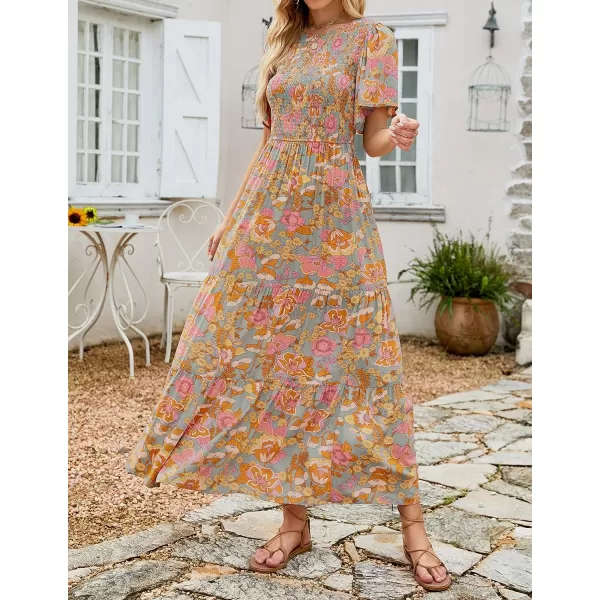 imageZESICA Womens 2023 Summer Casual Floral Print Short Flutter Sleeve Crew Neck Smocked High Waist Flowy Maxi DressGreygreen