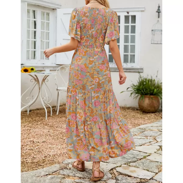 imageZESICA Womens 2023 Summer Casual Floral Print Short Flutter Sleeve Crew Neck Smocked High Waist Flowy Maxi DressGreygreen