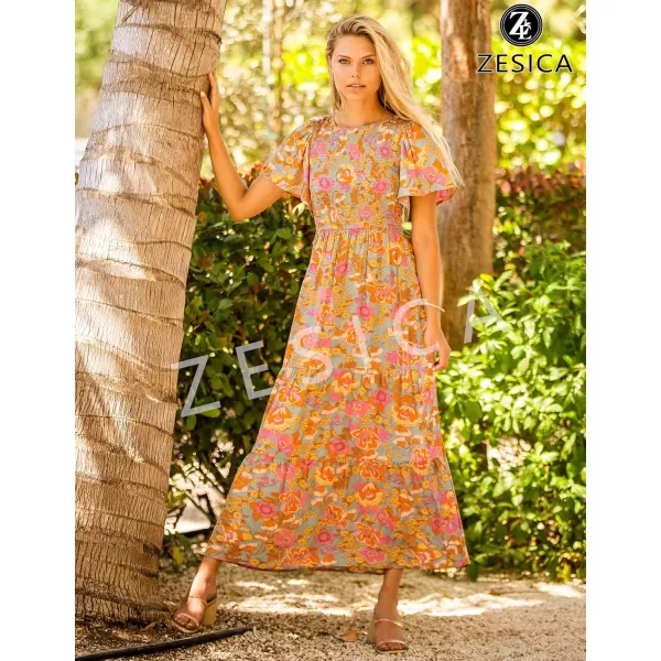 imageZESICA Womens 2023 Summer Casual Floral Print Short Flutter Sleeve Crew Neck Smocked High Waist Flowy Maxi DressGreygreen