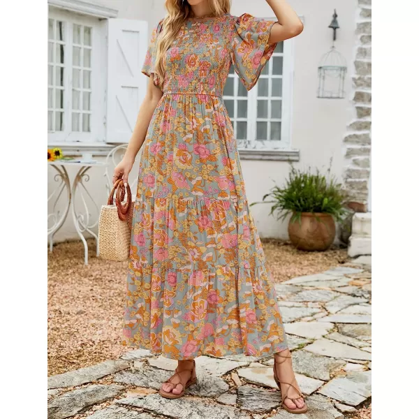 imageZESICA Womens 2023 Summer Casual Floral Print Short Flutter Sleeve Crew Neck Smocked High Waist Flowy Maxi DressGreygreen
