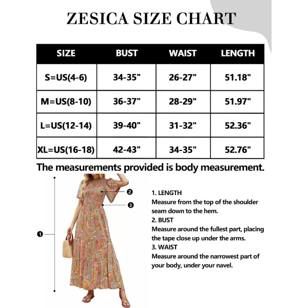 imageZESICA Womens 2023 Summer Casual Floral Print Short Flutter Sleeve Crew Neck Smocked High Waist Flowy Maxi DressGreygreen
