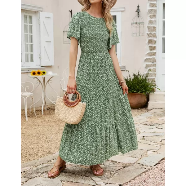 imageZESICA Womens 2023 Summer Casual Floral Print Short Flutter Sleeve Crew Neck Smocked High Waist Flowy Maxi DressOlive