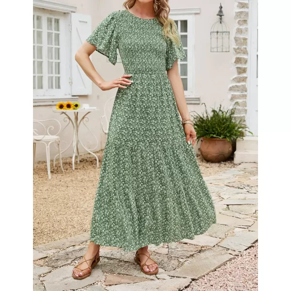imageZESICA Womens 2023 Summer Casual Floral Print Short Flutter Sleeve Crew Neck Smocked High Waist Flowy Maxi DressOlive
