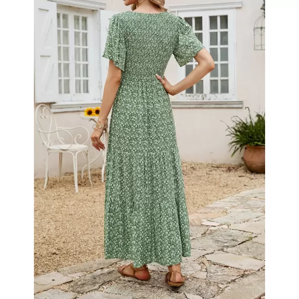 imageZESICA Womens 2023 Summer Casual Floral Print Short Flutter Sleeve Crew Neck Smocked High Waist Flowy Maxi DressOlive