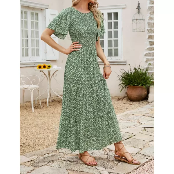 imageZESICA Womens 2023 Summer Casual Floral Print Short Flutter Sleeve Crew Neck Smocked High Waist Flowy Maxi DressOlive