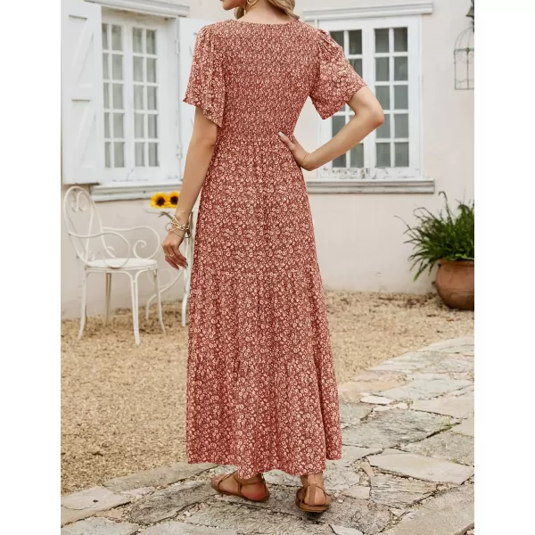 imageZESICA Womens 2023 Summer Casual Floral Print Short Flutter Sleeve Crew Neck Smocked High Waist Flowy Maxi DressOrange