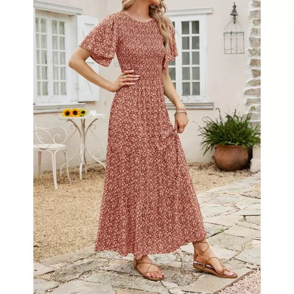 imageZESICA Womens 2023 Summer Casual Floral Print Short Flutter Sleeve Crew Neck Smocked High Waist Flowy Maxi DressOrange