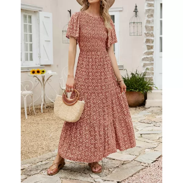 imageZESICA Womens 2023 Summer Casual Floral Print Short Flutter Sleeve Crew Neck Smocked High Waist Flowy Maxi DressOrange