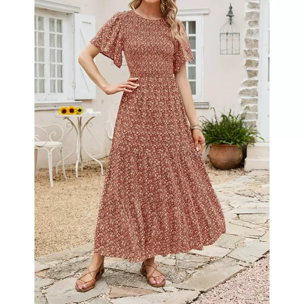 imageZESICA Womens 2023 Summer Casual Floral Print Short Flutter Sleeve Crew Neck Smocked High Waist Flowy Maxi DressOrange