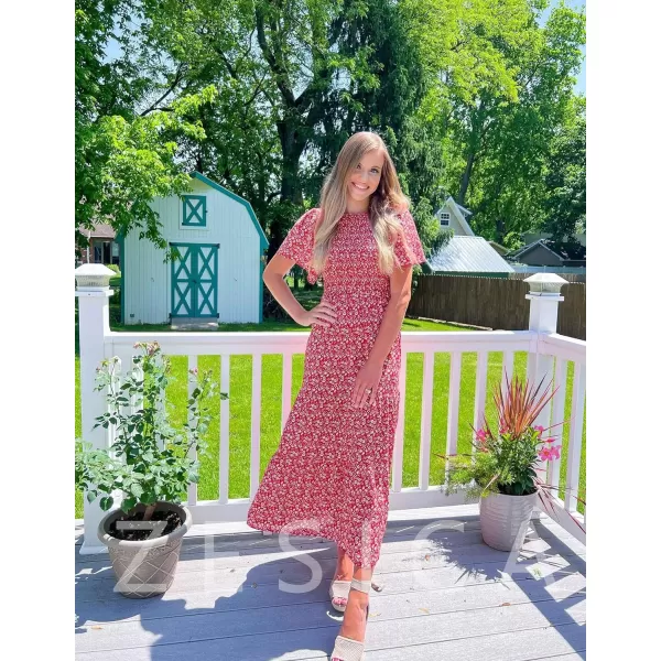 imageZESICA Womens 2023 Summer Casual Floral Print Short Flutter Sleeve Crew Neck Smocked High Waist Flowy Maxi DressOrangered