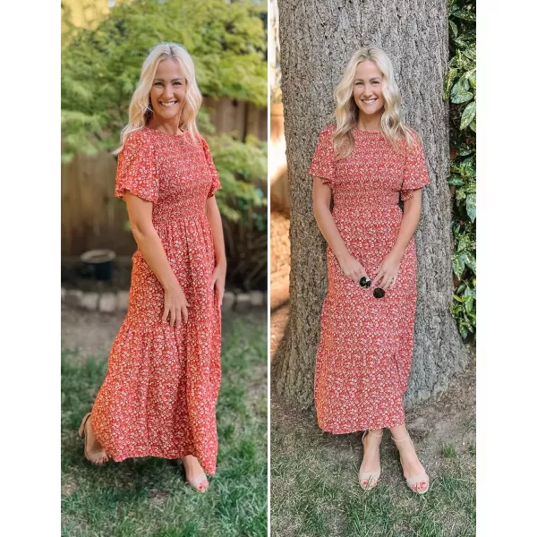 imageZESICA Womens 2023 Summer Casual Floral Print Short Flutter Sleeve Crew Neck Smocked High Waist Flowy Maxi DressOrangered