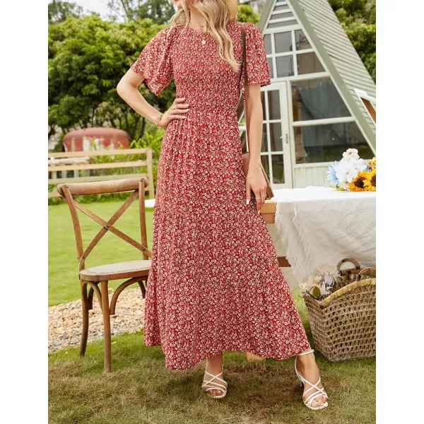 imageZESICA Womens 2023 Summer Casual Floral Print Short Flutter Sleeve Crew Neck Smocked High Waist Flowy Maxi DressOrangered