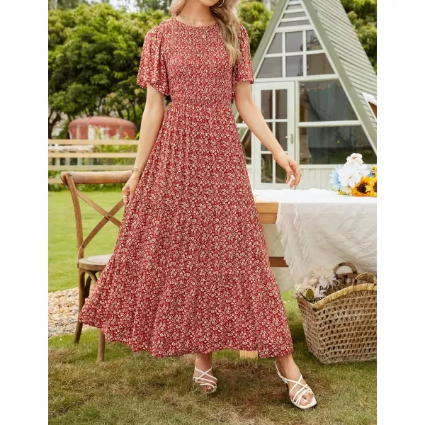 imageZESICA Womens 2023 Summer Casual Floral Print Short Flutter Sleeve Crew Neck Smocked High Waist Flowy Maxi DressOrangered