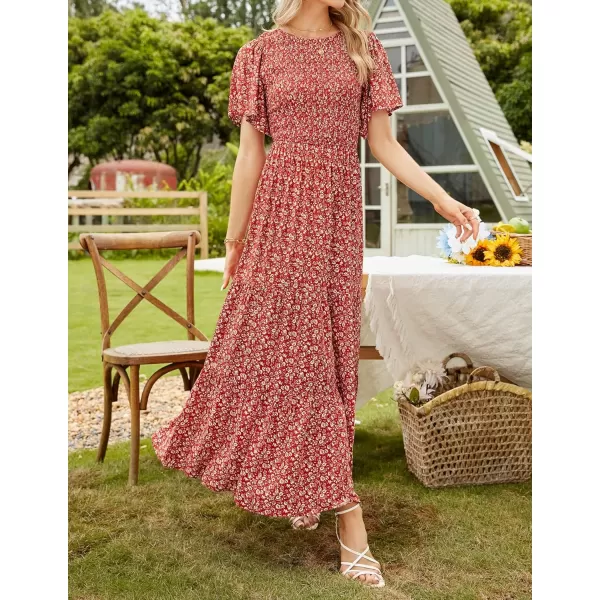 imageZESICA Womens 2023 Summer Casual Floral Print Short Flutter Sleeve Crew Neck Smocked High Waist Flowy Maxi DressOrangered