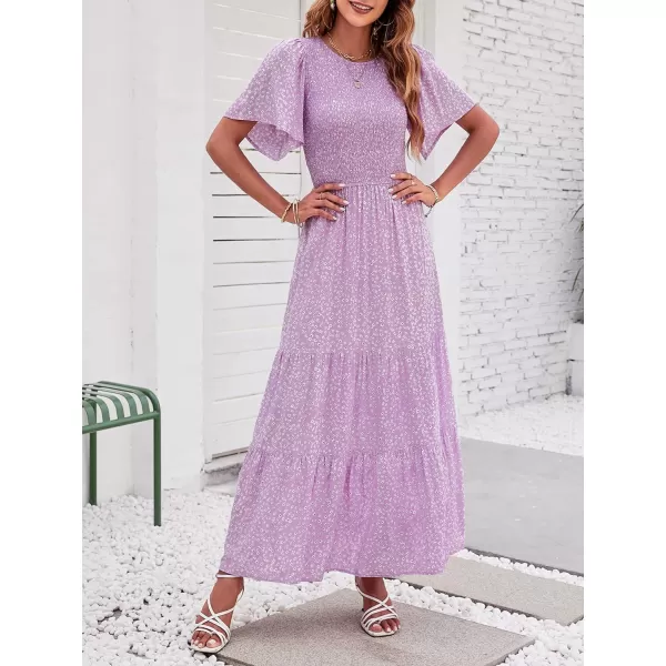 imageZESICA Womens 2023 Summer Casual Floral Print Short Flutter Sleeve Crew Neck Smocked High Waist Flowy Maxi DressPurple