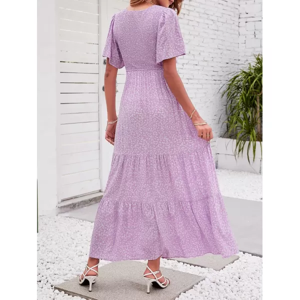 imageZESICA Womens 2023 Summer Casual Floral Print Short Flutter Sleeve Crew Neck Smocked High Waist Flowy Maxi DressPurple